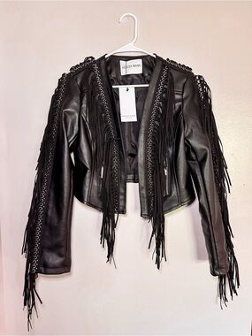 AZALEA WANG Black Fringe Eyelet Leather Jacket
